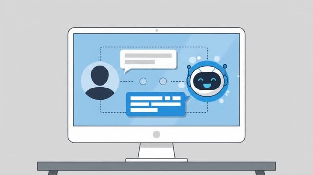 AI chatbot conversation and online customer support chat animation on desktop computer screen