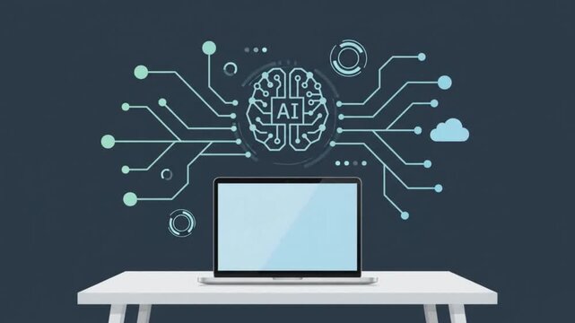 Artificial intelligence AI brain circuit concept with laptop on office desk against dark background