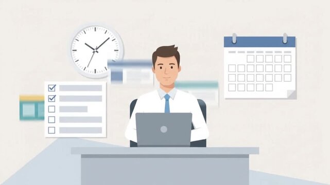 Office worker at desk with time management, scheduling, task lists, and corporate planning elements
