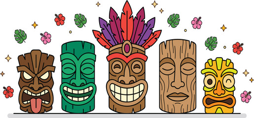 Tiki Mask Vector Character Set with Colorful Hawaiian Tribal Statues Tropical Flowers and Exotic Leaves for Beach Party and Summer Holiday Designs © MDJahanur