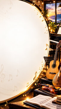 Elegant music studio with piano, guitar, violin, golden notes, sunset view, and spacious copy area.