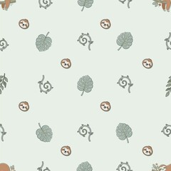 Cute Sloth and Tropical Leaves Seamless Pattern © bintang