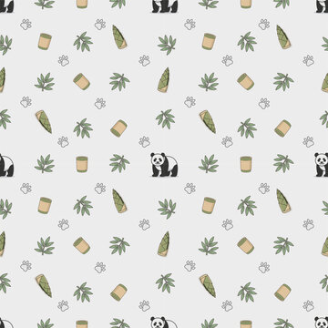 Cute Panda and Bamboo Seamless Pattern