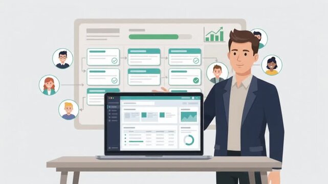 Business project manager presenting workflow dashboard and team members on presentation board