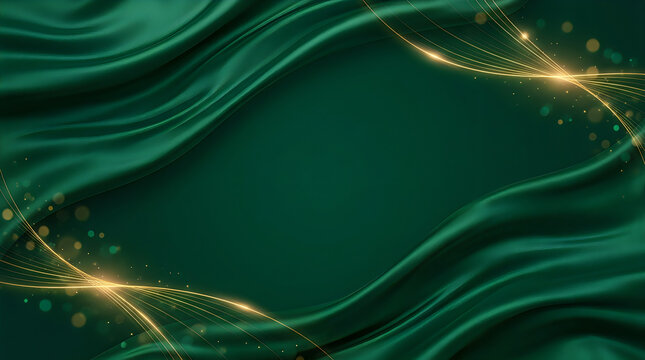 Elegant emerald silk background with golden abstract light waves