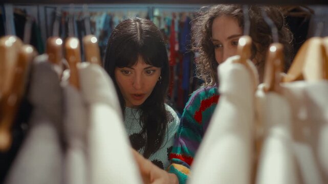 Two young cheerful girlfriends looking through rows of apparel, choosing outfits and chatting in vintage secondhand shop. View through hangers