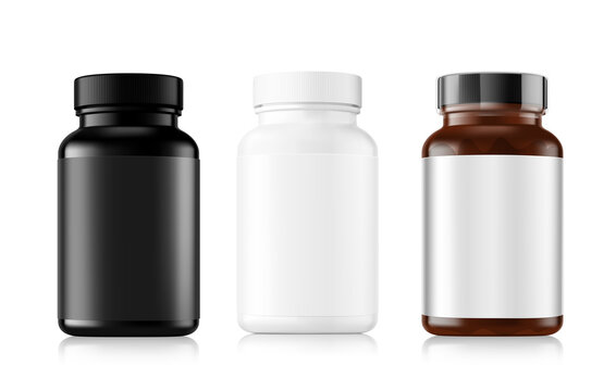 Brown, black and white pill bottles with label mockup with shadow. Illustration on transparent background for design, branding, presentation treats, vitamins, supplements.