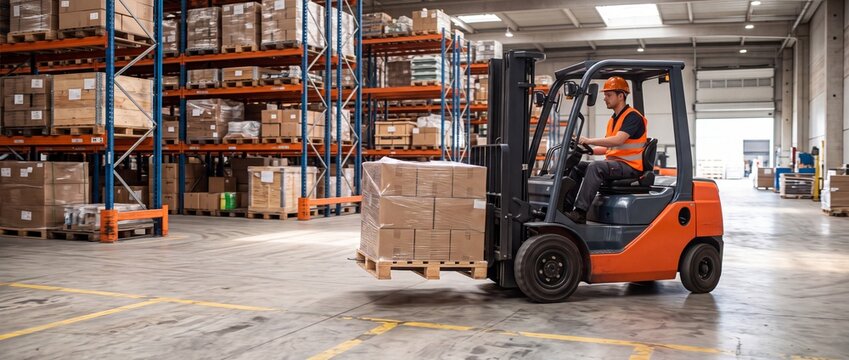 Warehouse worker driving forklift carrying shrink wrapped pallet boxes. Logistics operator transporting freight in distribution center