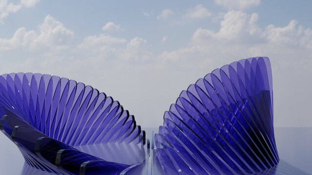 Abstract Blue Glass Double Fan Petal Shell Wings Sculpture