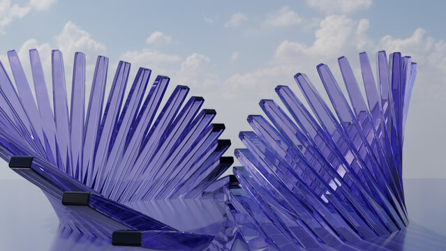 Abstract Blue Glass Stepped Slat Wings Architecture Sculpture