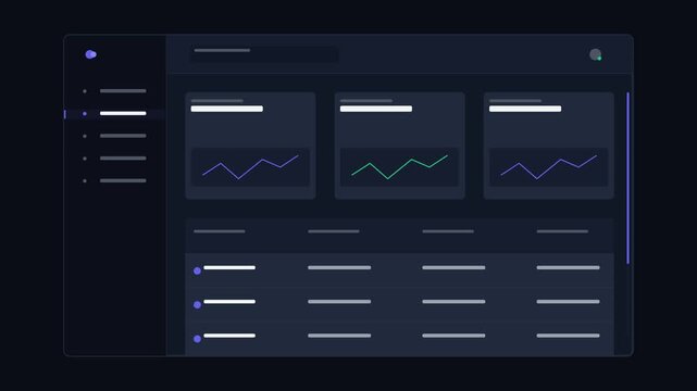 Dark Mode Dashboard UI Animation with Interactive Table and Status Indicators