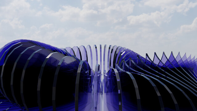 Abstract Blue Glass Arch Ribs Undulating Tunnel Sculpture