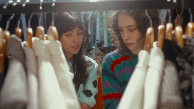 Two young female friends smiling and chatting as looking through hangers on clothes rack together, searching for outfit options and styling pieces in vintage thrift store