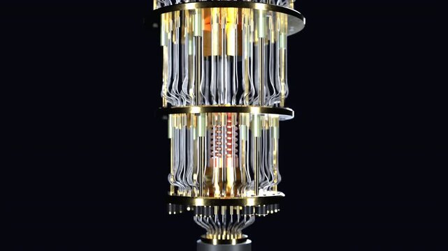 A 3D render loop of a quantum computer rotating on black, showcasing the intricate golden plates, wires, and advanced technology of a cryogenic dilution refrigerator
