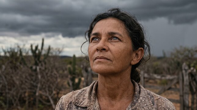 Mulher observa c&eacute;u nublado de tempestade em cen&aacute;rio rural com cactos