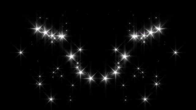 Twinkling white glowing star with sparkling glitter animation, glowing pixie dust shimmer, fast glittering star lines, fairy dust wand glitter stars trail transition on black screen, 4k video