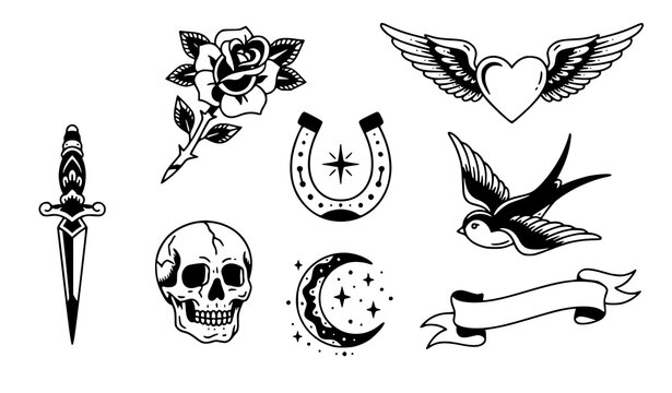 Vintage black and white tattoo elements vector set with rose heart skull dagger and swallow