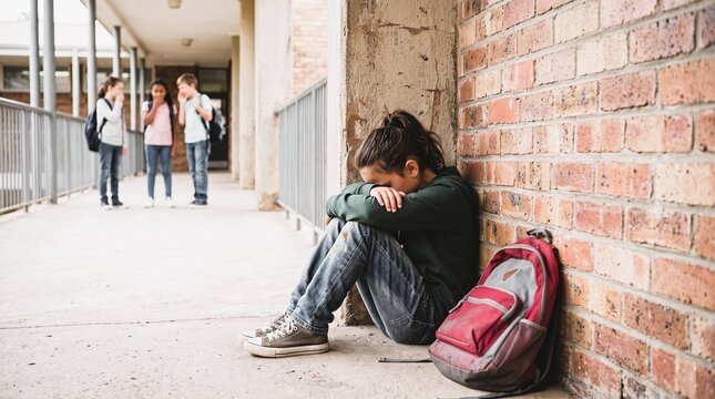 Sad bullied school girl sitting alone in hallway as classmates whisper
