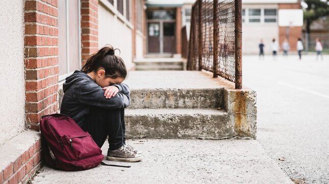 Sad bullied school girl sitting alone in hallway