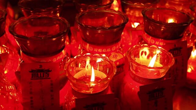 Burning candles in glass pineapple shaped chandeliers in the Chinese temple Malaysia