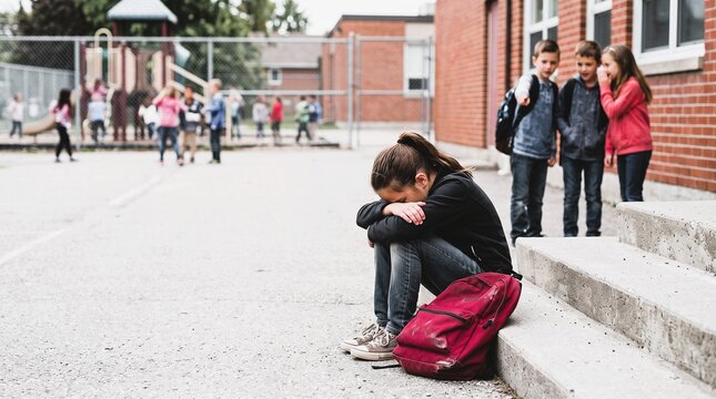 Sad bullied school girl sitting alone in hallway as classmates whisper
