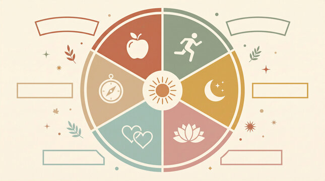 Pastel wellness wheel with icons for holistic self care
