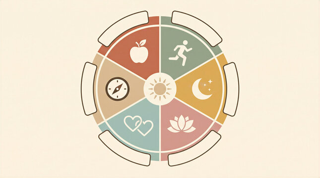 Wellness wheel infographic with icons for balanced daily habits