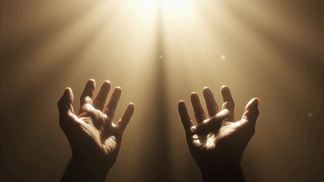 Two open hands reach upwards towards a divine, golden light source, symbolizing hope, faith, and spiritual connection in this evocative image..Created with Generative AI, not depicting real subjects.