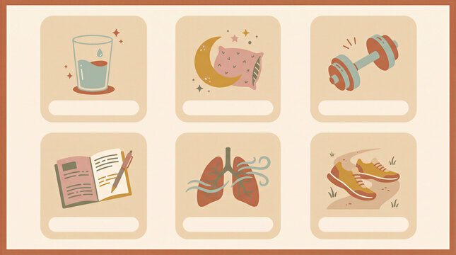 Pastel infographic illustrating six everyday healthy habits