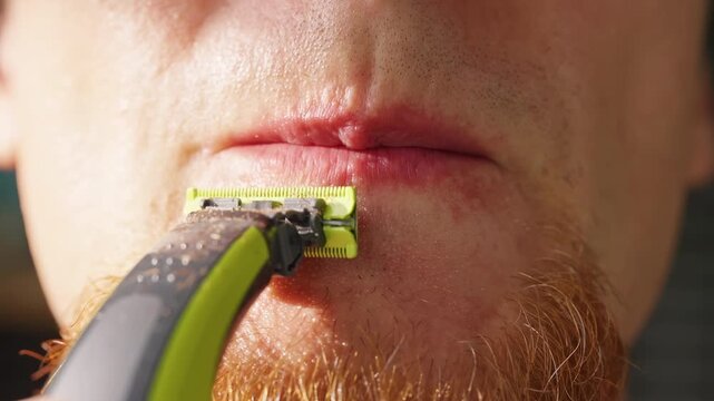 Adult Man Trims Mustache With Electric Razor in Sunlit Close Up, Showing Personal Grooming and Self Care