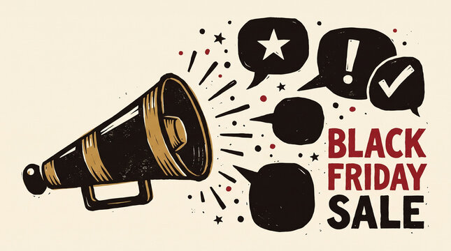 Vintage Black Friday sale illustration with megaphone and speech bubbles on beige. Retro design for marketing, promotion, and announcement concepts.