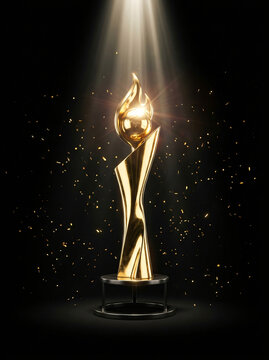 A shiny golden award trophy standing on a pedestal under a dramatic spotlight.