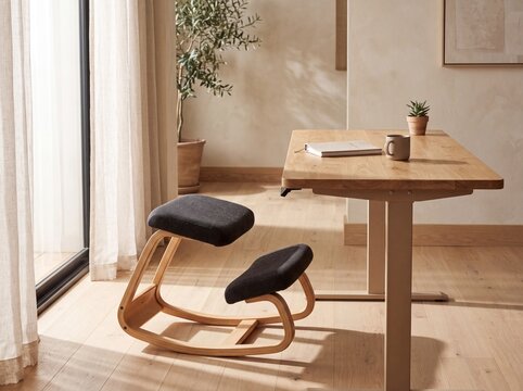Ergonomic Wood Kneeling Chair Beside Adjustable Standing Desk in Bright Studio