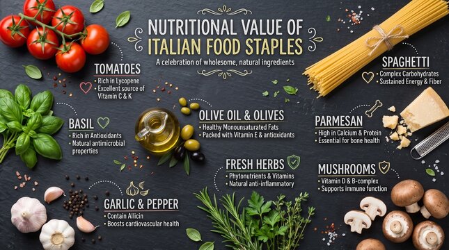 Top view flat lay of Italian food staples with infographics detailing the nutritional value of tomatoes, olive oil, and herbs