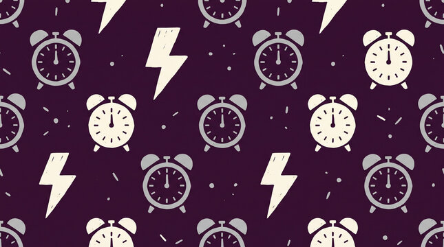 Vintage alarm clock pattern with lightning bolts on dark purple background. Retro seamless design for time, energy, and urgency concepts. Black friday 