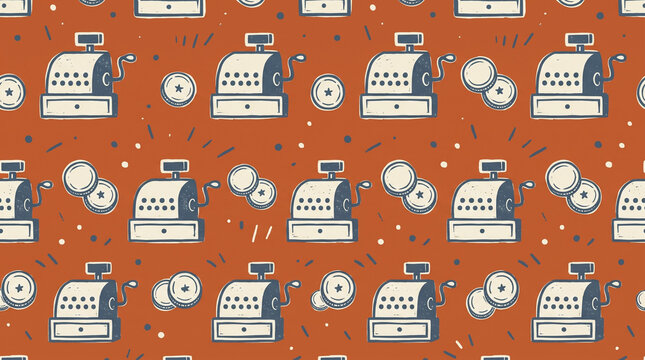 Vintage cash register pattern with coins on terracotta background. Retro seamless design for finance, retail, and business concepts. Black friday
