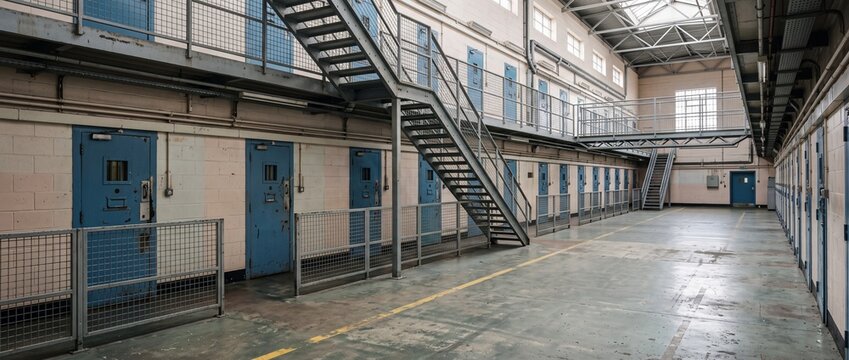Multi level prison cell block corridor with blue doors and metal staircase. Interior of an empty correctional facility wing
