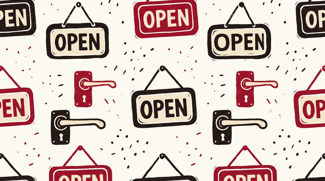 Vintage open sign pattern with door handles on beige background. Retro seamless design for shop, store, and business concepts.