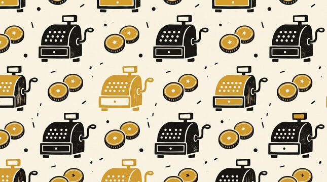 Vintage cash register pattern with coins on beige. Retro seamless design for finance, retail, and business backgrounds.