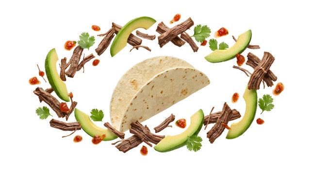 Hard taco shell centered inside an oval wreath of flying shredded beef avocado slices cilantro and salsa drops isolated on transparent background. 