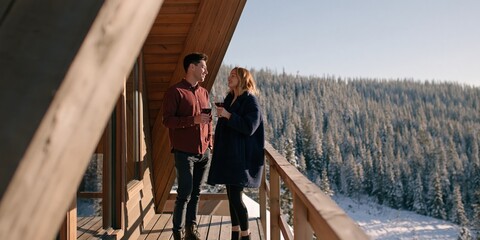 Fototapeta premium Couple enjoying wine on a snowy cabin balcony with forest view for winter vacation lifestyle banner and cozy getaway design
