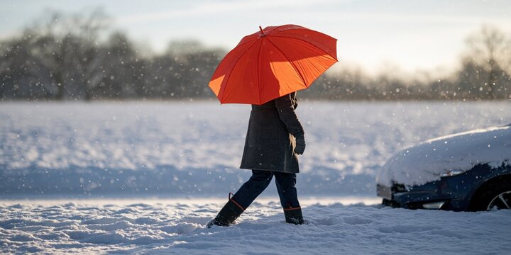 Person walking through snowy parking with red umbrella for winter background and banner design