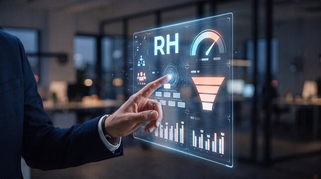  Concept RH : main d'un homme d'affaires touchant un &eacute;cran holographique avec tableau de bord des ressources humaines
