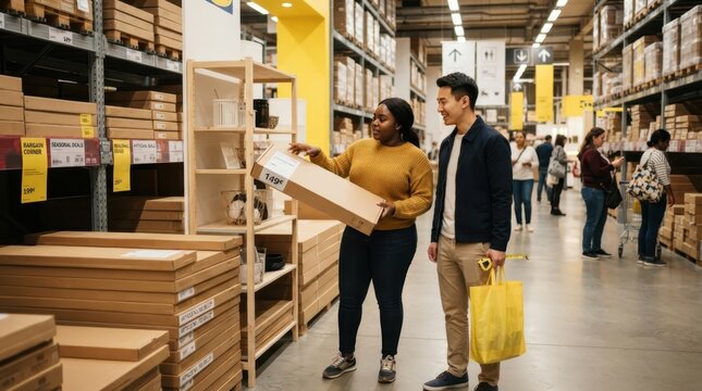 Diverse couple choosing flat-pack furniture from shelves in a large home improvement warehouse