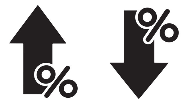 Up and down arrow percentage icon set featuring black arrows with percent symbols, flat vector illustration isolated on white background for finance, discount, rates and business