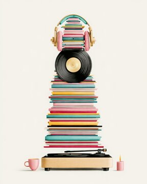 Colorful Book Stack with Vinyl Record and Retro Headphones