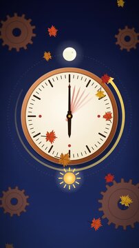Animated clock hands turning back for daylight saving time with falling autumn leaves against a day and night background