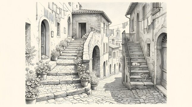 Pencil sketch of a vintage european village street with stairs