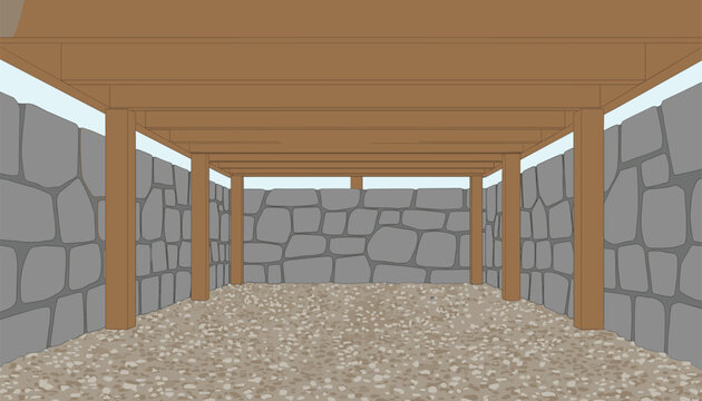 Underground basement structural framing interior with wooden ceiling beams and rough stone foundation walls.