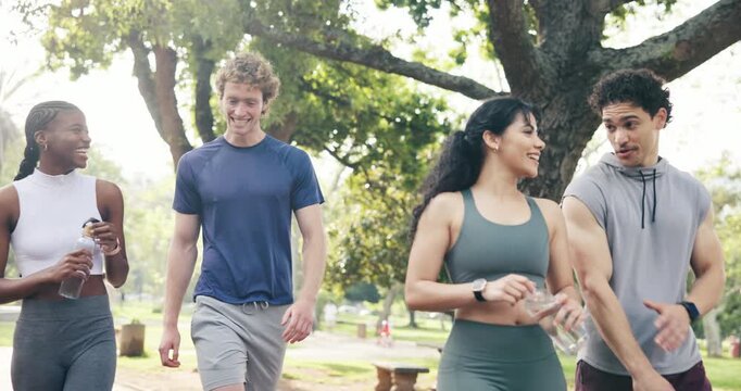 Park, fitness and couple of friends with walk, post exercise conversation and wellness support. Active relationship, happy people and stroll with water outdoor for morning cardio, bonding and talking